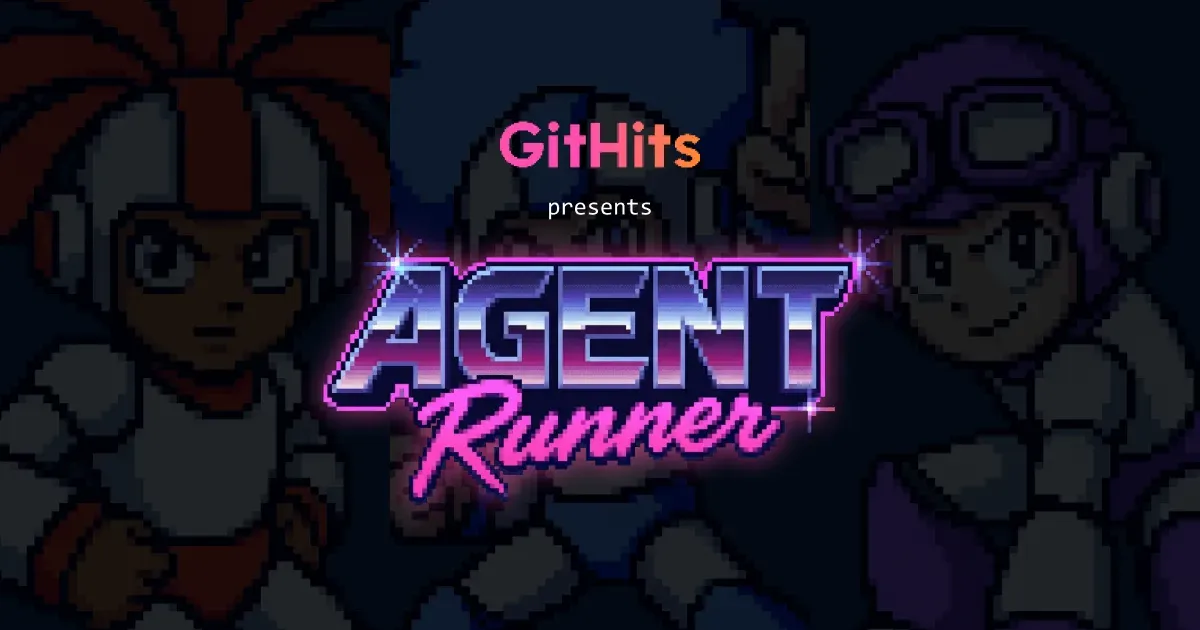 The Agent Runner title screen: a synthwave logo flanked by two pixel-art coding-agent characters, presented by GitHits