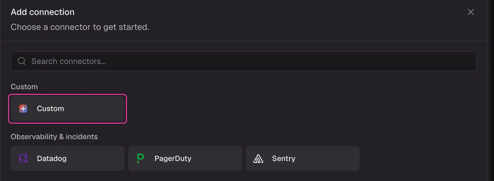 CodeRabbit Add connection modal with the Custom connector highlighted