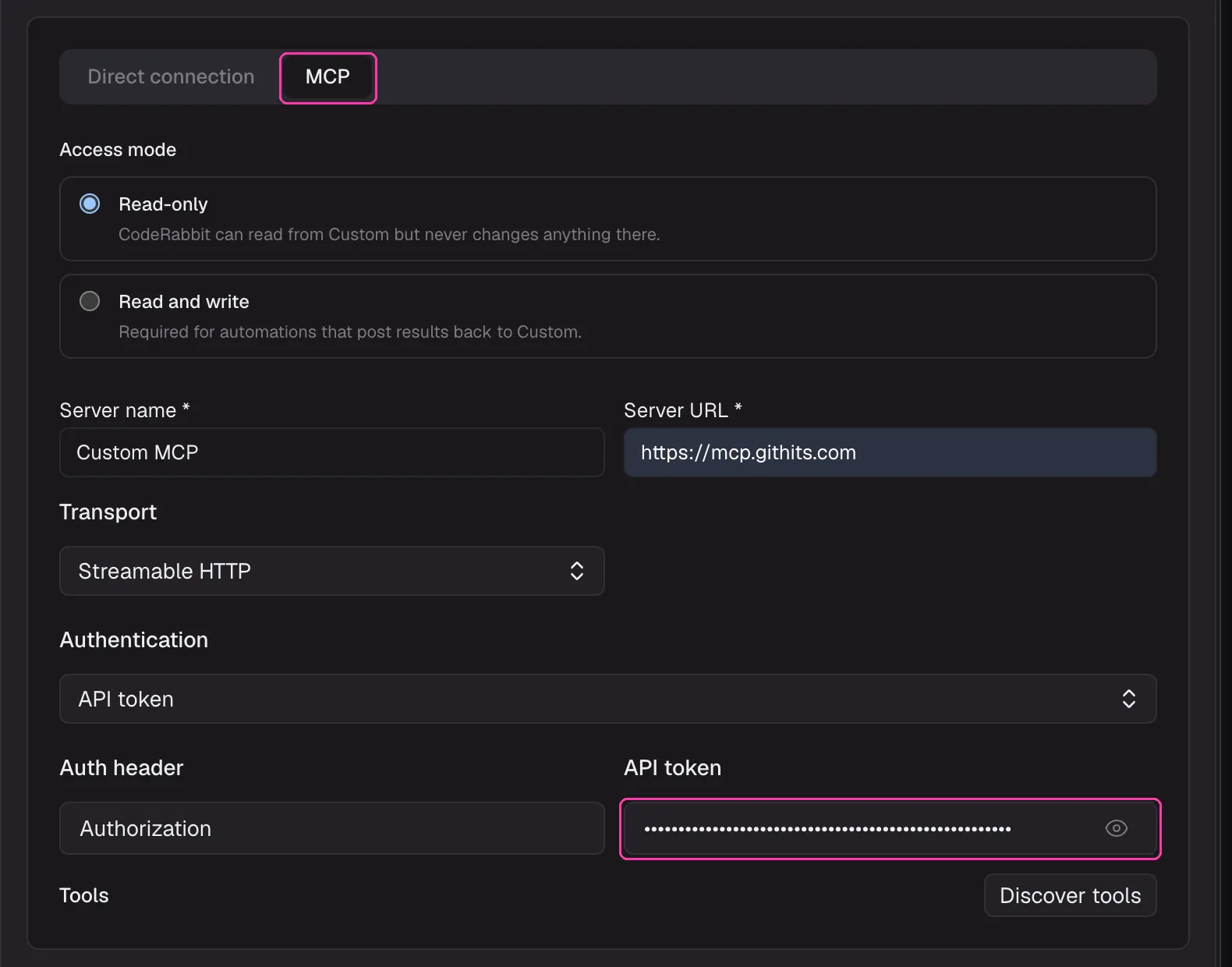 CodeRabbit MCP connection form with the MCP tab and the API token field highlighted