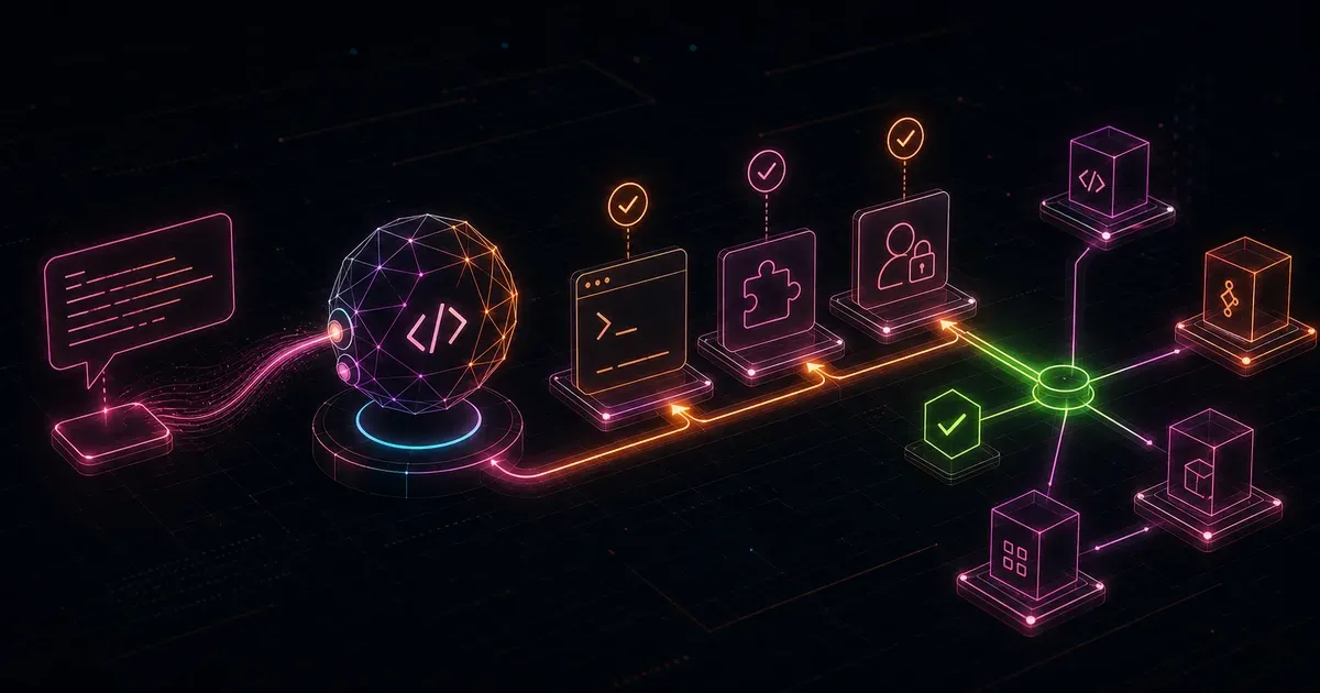 An AI coding agent guiding GitHits onboarding across connected tools in the GitHits dark wireframe style