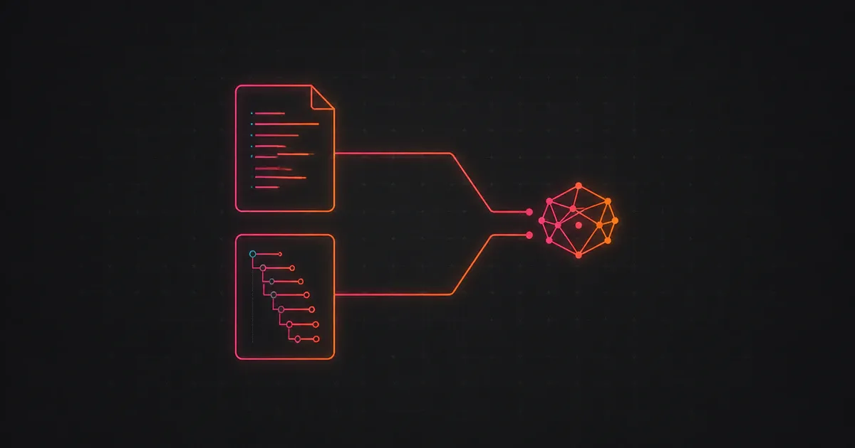 Documentation and source-code context panels connected to the same abstract coding-agent node