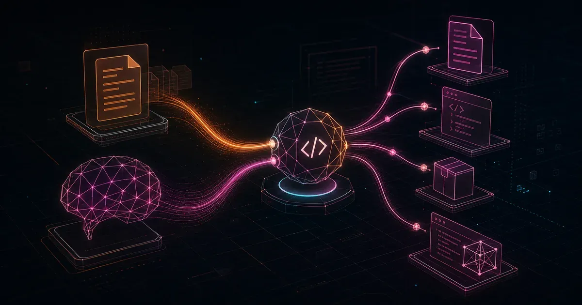 Two context streams feeding an AI coding agent, in the GitHits dark wireframe style
