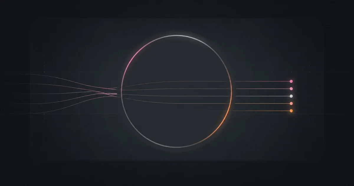 Abstract signal traces passing through a circular aperture in GitHits pink and orange
