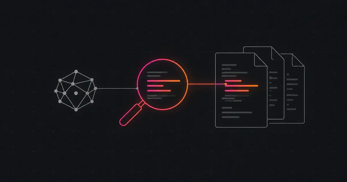 A coding agent connected through a pink-to-orange magnifying glass to source-code files