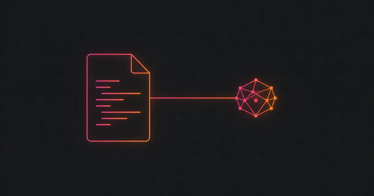 A glowing source-code file connected directly to an abstract coding-agent node