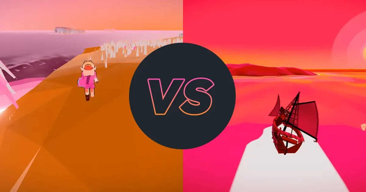 Split-screen Three.js game comparison with a VS badge — a character running along a cliff path on the left, a sailboat on the water on the right