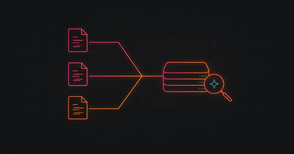Three source-code files converging into a searchable index