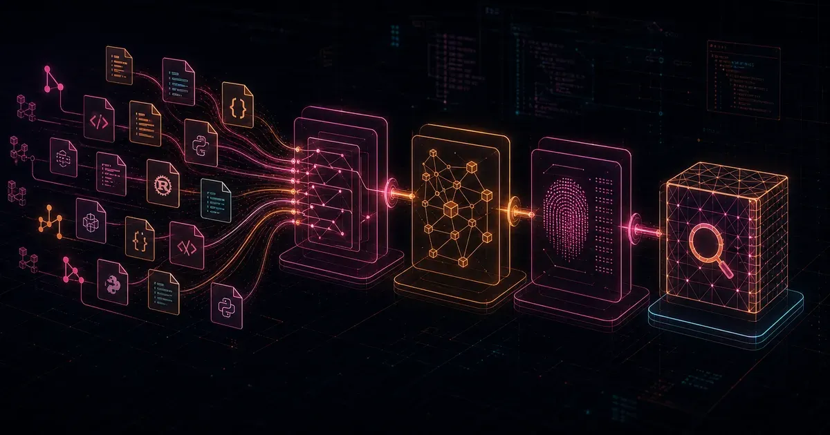A version-aware open-source indexing pipeline in the GitHits dark wireframe style